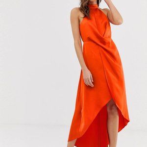 ASOS DESIGN satin midi dress with high neck and wrap skirt